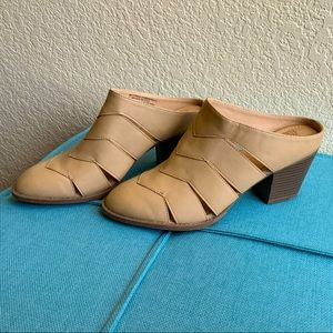 *sold elsewhere* Taupe pointed toe/closed toe block heel mules